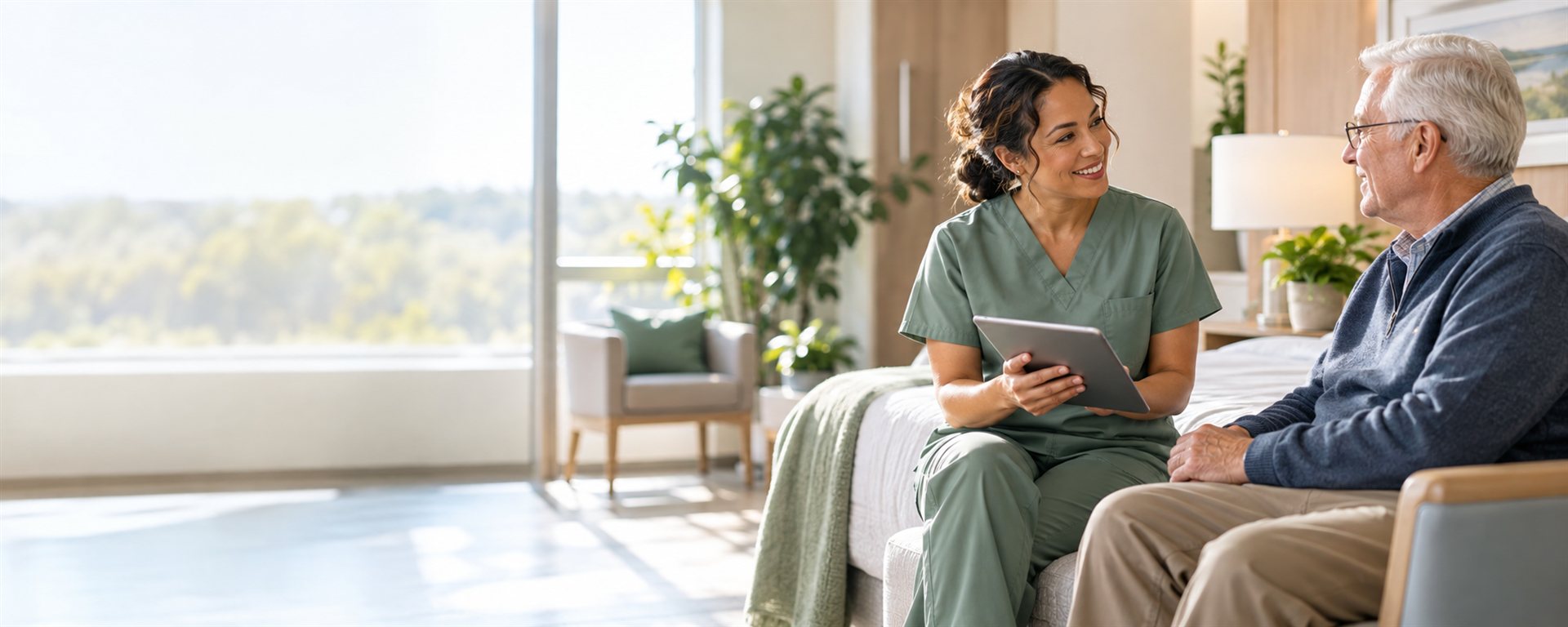 Illustrative scene of a nurse using a tablet while speaking with an older adult.