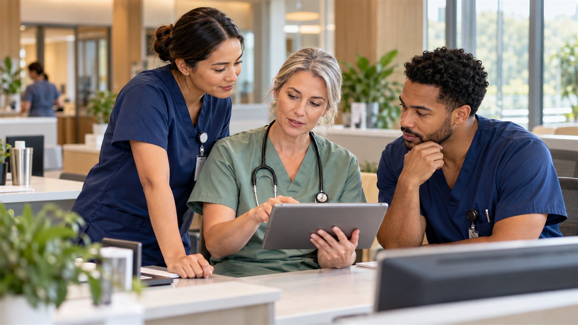 Illustrative scene of a clinical team reviewing a tablet together.